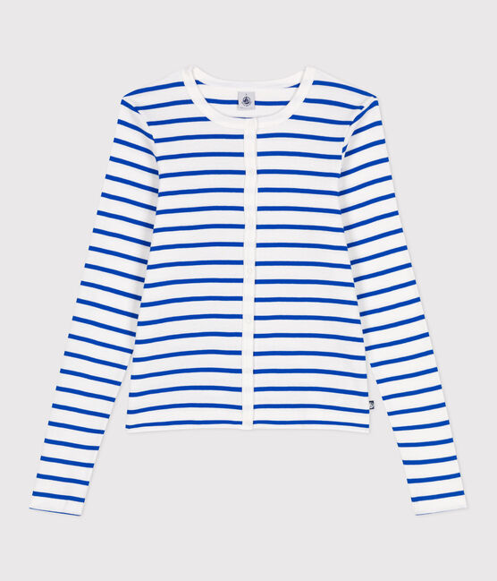 Damen-Cardigan aus einfarbiger Baumwolle weiss MARSHMALLOW/blau PERSE