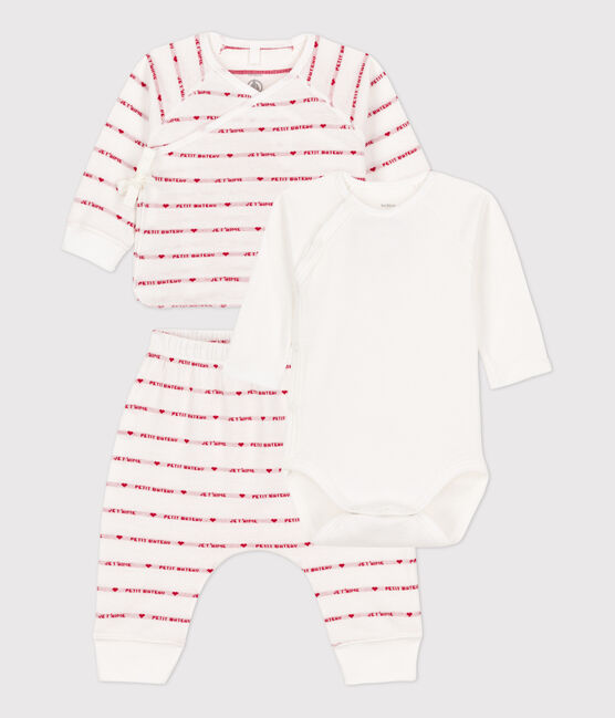 Dreiteiliges Baby-Set aus Bio-Baumwoll-Jacquard weiss MARSHMALLOW/rot TERKUIT