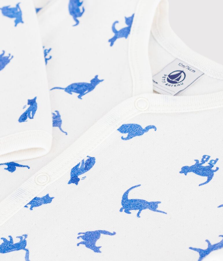 Strampler aus Doppeljersey mit Katzen-Motiv weiss/blau