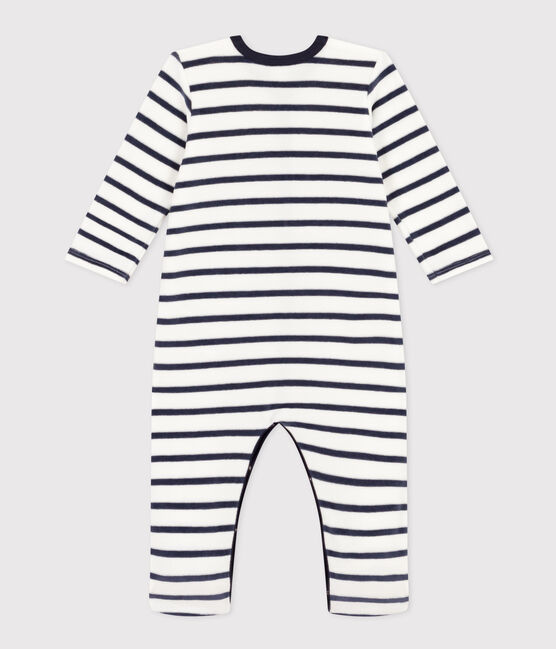 Gestreifter Baby-Pyjama aus Samt weiss MARSHMALLOW/blau SMOKING