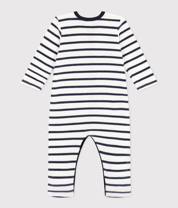 Gestreifter Baby-Pyjama aus Samt weiss/blau