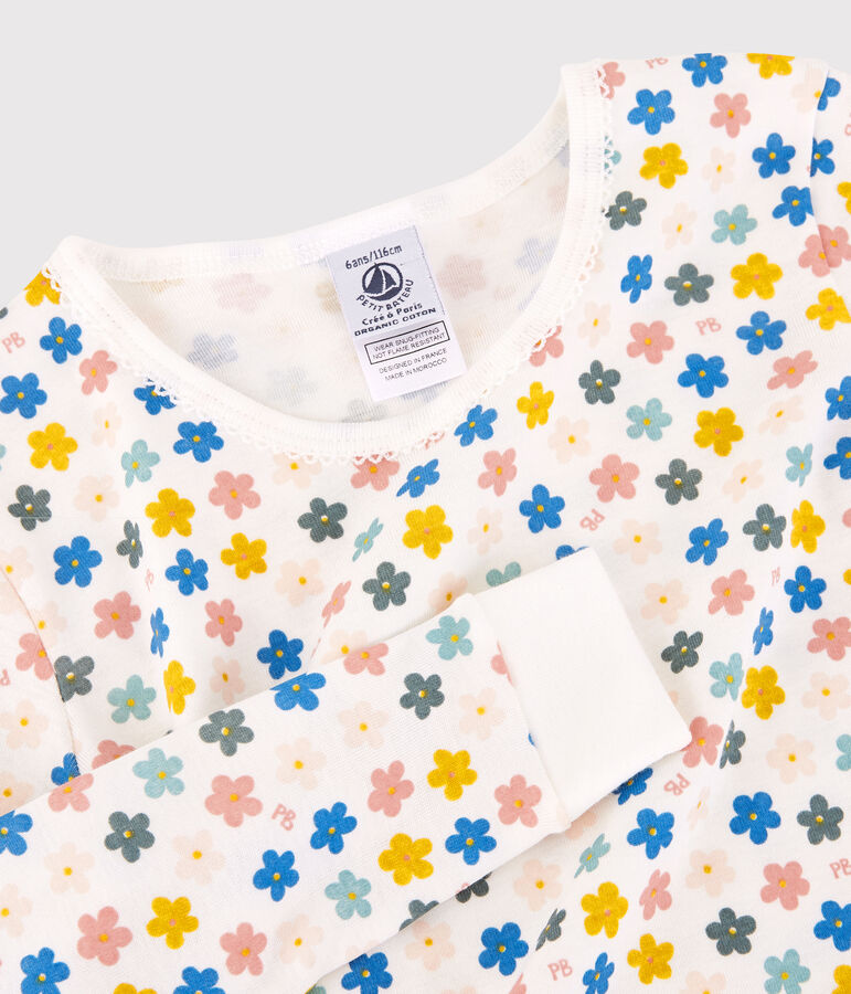 Kinderpyjama aus Baumwolle mit phosphoreszierenden Blumen f&uuml;r M&auml;dchen weiss/vielfarbig