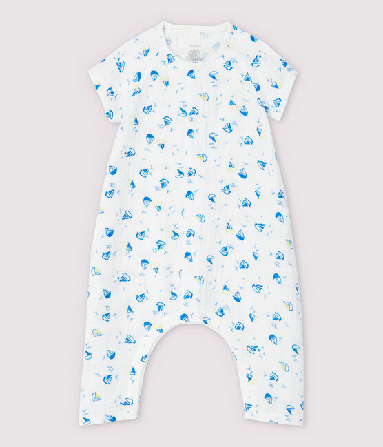 Langer Baby-Overall aus Bio-Baumwoll-Windelstoff mit Boot-Motiv weiss MARSHMALLOW/weiss MULTICO