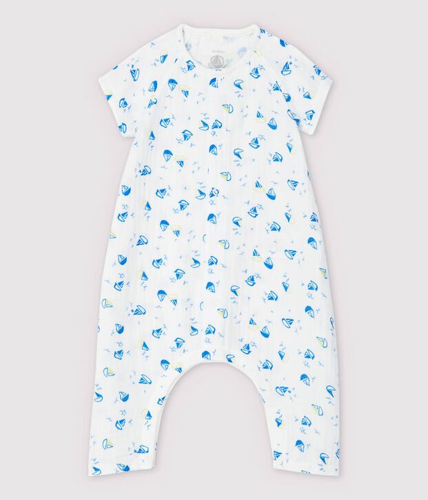 Langer Baby-Overall aus Bio-Baumwoll-Windelstoff mit Boot-Motiv weiss/vielfarbig