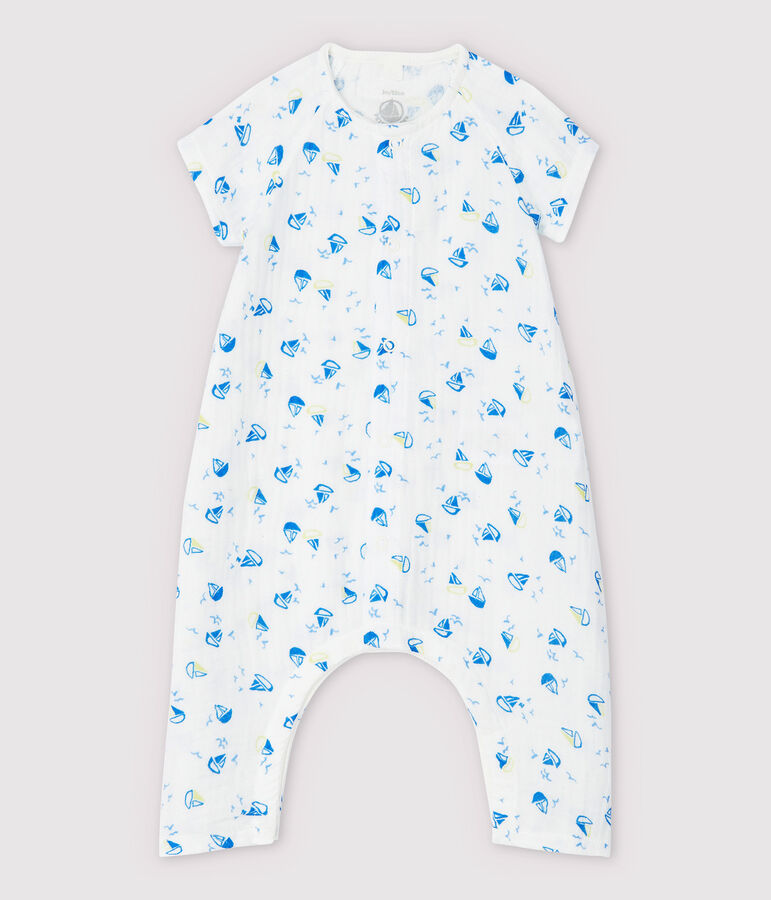 Langer Baby-Overall aus Bio-Baumwoll-Windelstoff mit Boot-Motiv weiss MARSHMALLOW/weiss MULTICO