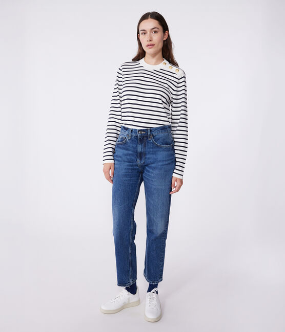 Damen-Marinepullover aus Baumwolle mit Streifen weiss MARSHMALLOW/blau SMOKING