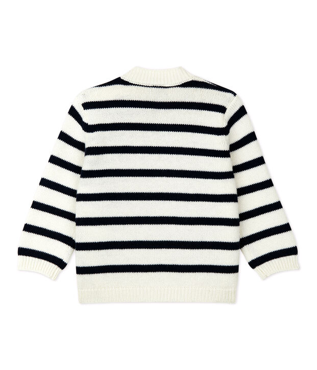 Baby-Pullover aus Wolle und Baumwolle. weiss/blau