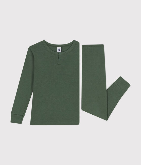 Einfarbiger Pyjama aus Baumwolle und Lyocell für kleine Mädchen und Jungen grün CROCO