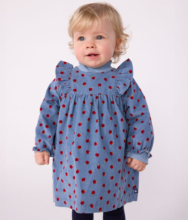 Lang&auml;rmeliges Baby-Kleid aus Fein-Cord mit Apfel-Motiv blau/vielfarbig