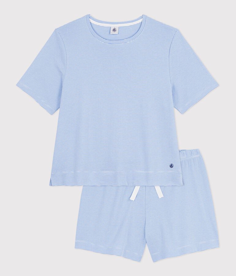 Damen-Kurzpyjama aus Baumwolle mit Streifen blau/weiss