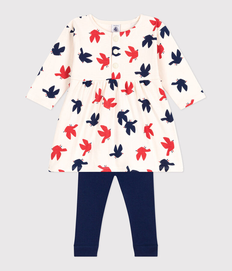 Lang&auml;rmeliges Baby-Kleid und Leggings mit Vogelmotiv. naturfarben/vielfarbig