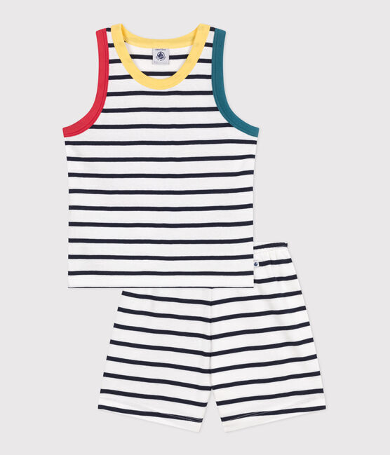 Kinder-Kurzpyjama aus Baumwolle mit gestreiftem Tanktop weiss MARSHMALLOW/blau SMOKING
