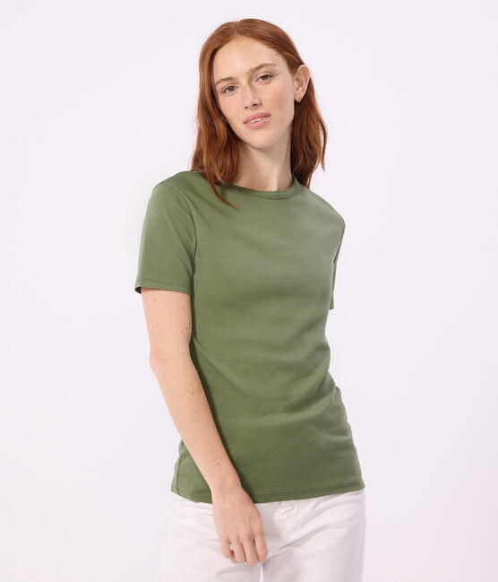 Kurzärmeliges Damen T-Shirt aus einfarbiger Baumwolle grün OLIVINE