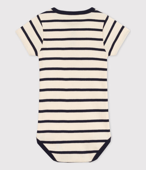 Kurzärmeliger Baby-Body aus Rippstrick mit Streifen weiss AVALANCHE/blau SMOKING