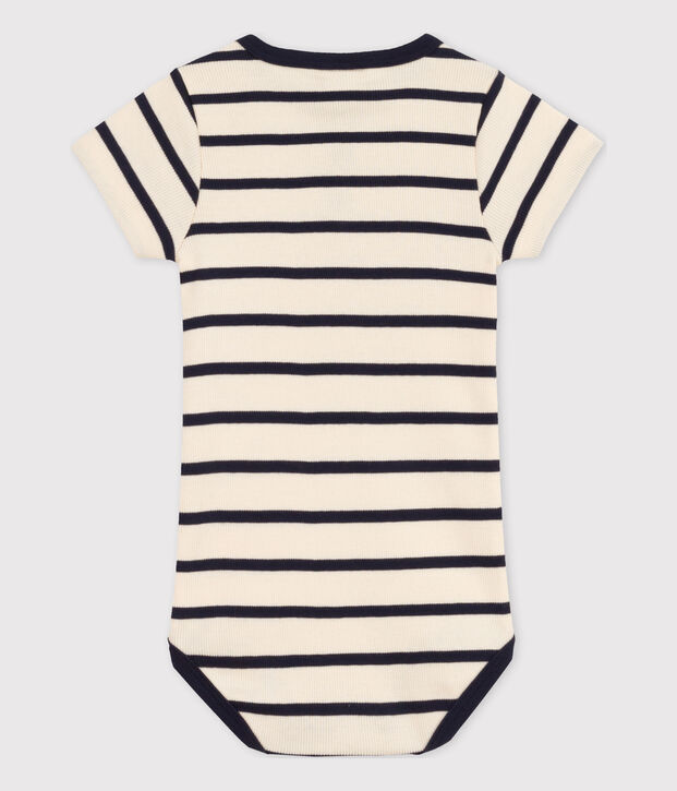 Kurz&auml;rmeliger Baby-Body aus Rippstrick mit Streifen naturfarben/blau