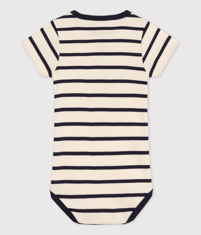 Kurz&auml;rmeliger Baby-Body aus Rippstrick mit Streifen naturfarben/blau