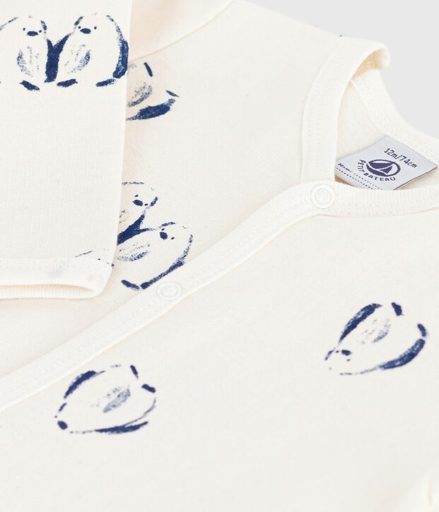 Baby-Strampler aus aufgerautem Molton mit Pinguin-Tiermotiv und Bl&uuml;tenkragen naturfarben/vielfarbig