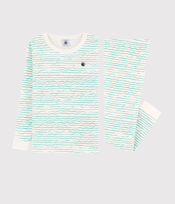 Snugfit-Kinderpyjama aus Baumwolle mit grünen Wellen für Jungen weiss MARSHMALLOW/ VERT