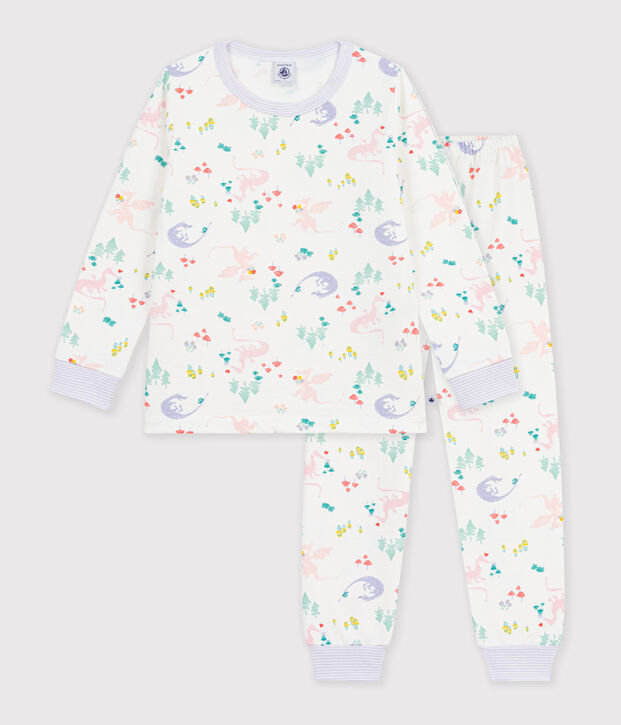 Kinder-Pyjama aus Molton mit Drachenmotiv weiss/vielfarbig