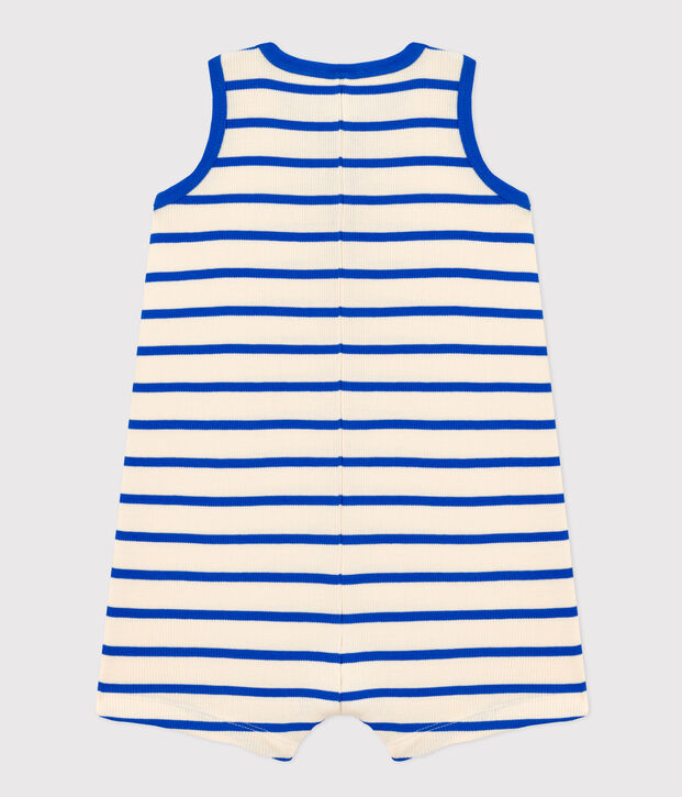 Baby-Kurzoverall aus gestreiftem Rippstrick naturfarben/blau