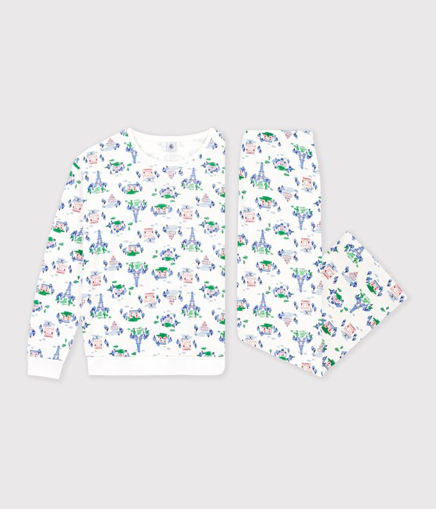 Damen-Pyjama aus Baumwolle mit Paris-Motiv weiss/vielfarbig
