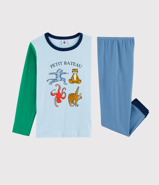 Yoga-Kinderpyjama aus Rippstrick mit Tieren für Jungen blau ALASKA/weiss MULTICO