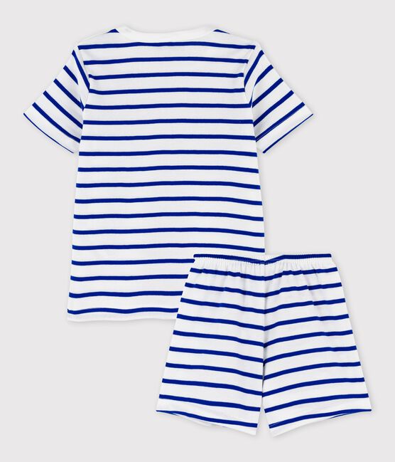 Kinder-Kurzpyjama aus Baumwolle mit Streifen für Jungen weiss MARSHMALLOW/blau SURF