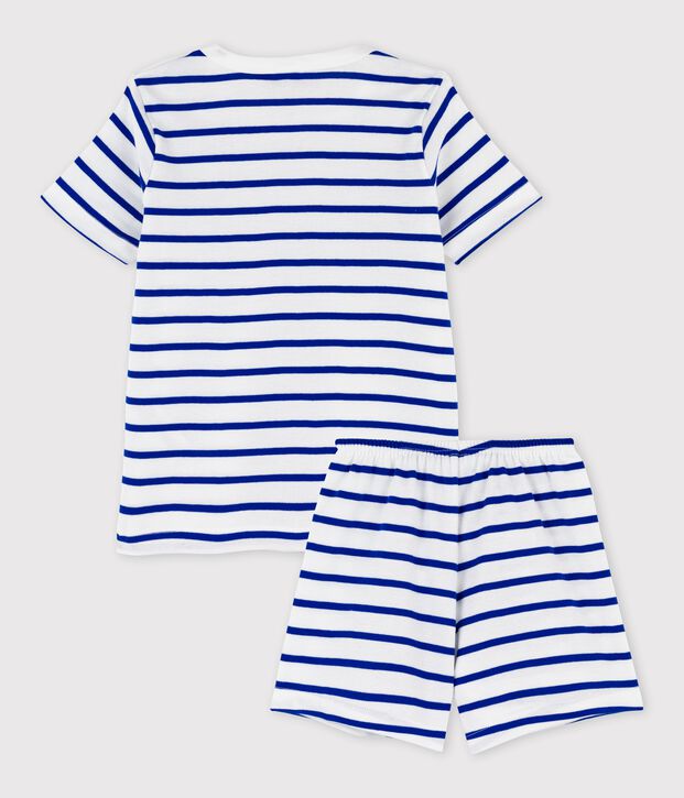 Kinder-Kurzpyjama aus Baumwolle mit Streifen f&uuml;r Jungen weiss/blau