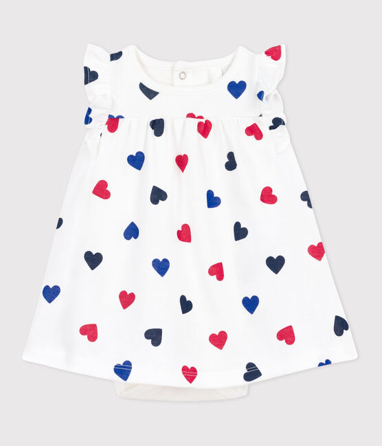 Kurzärmeliges Baby-Kleid aus Baumwolle mit integriertem Body und dreifarbigem Herzmotiv weiss MARSHMALLOW/weiss MULTICO