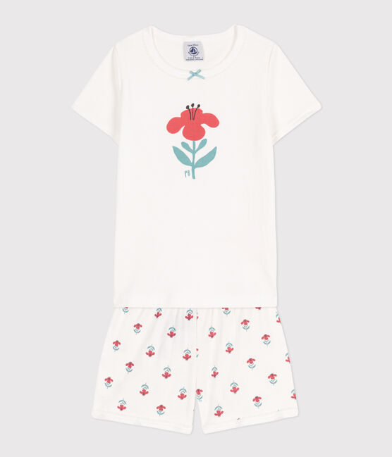Kinder-Kurzpyjama aus Baumwolle mit Blumenmotiv für Mädchen weiss MARSHMALLOW/weiss MULTICO