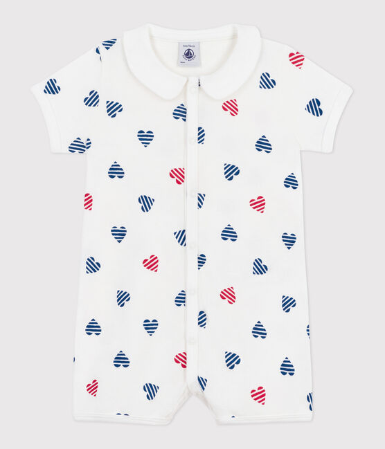 Baby-Kurzoverall aus Baumwolle mit Kragen und gestreiftem Herz weiss MARSHMALLOW/weiss MULTICO