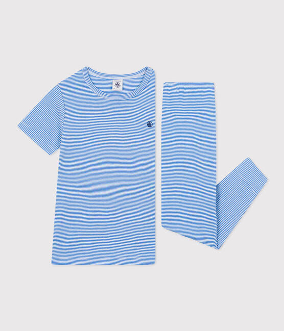 Kinderpyjama aus gestreifter Baumwolle DELPHINIUM/ MARSHMALLOW