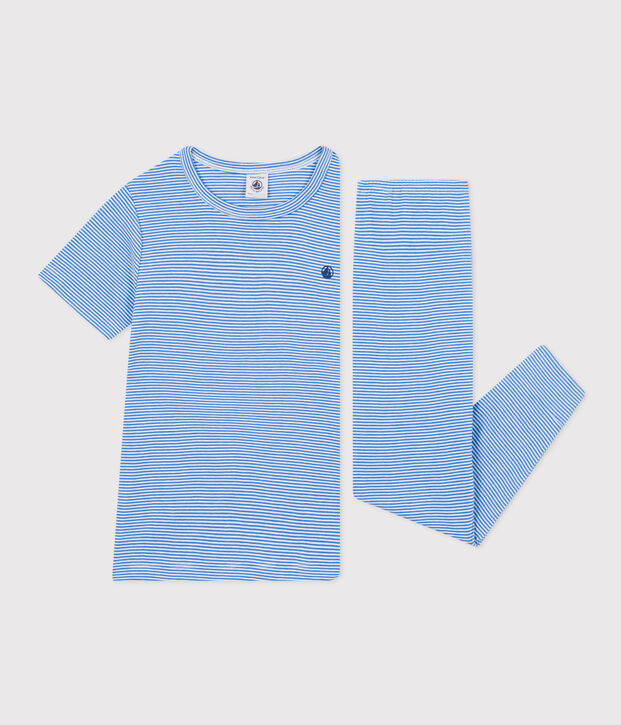 Kinderpyjama aus gestreifter Baumwolle blau/weiss