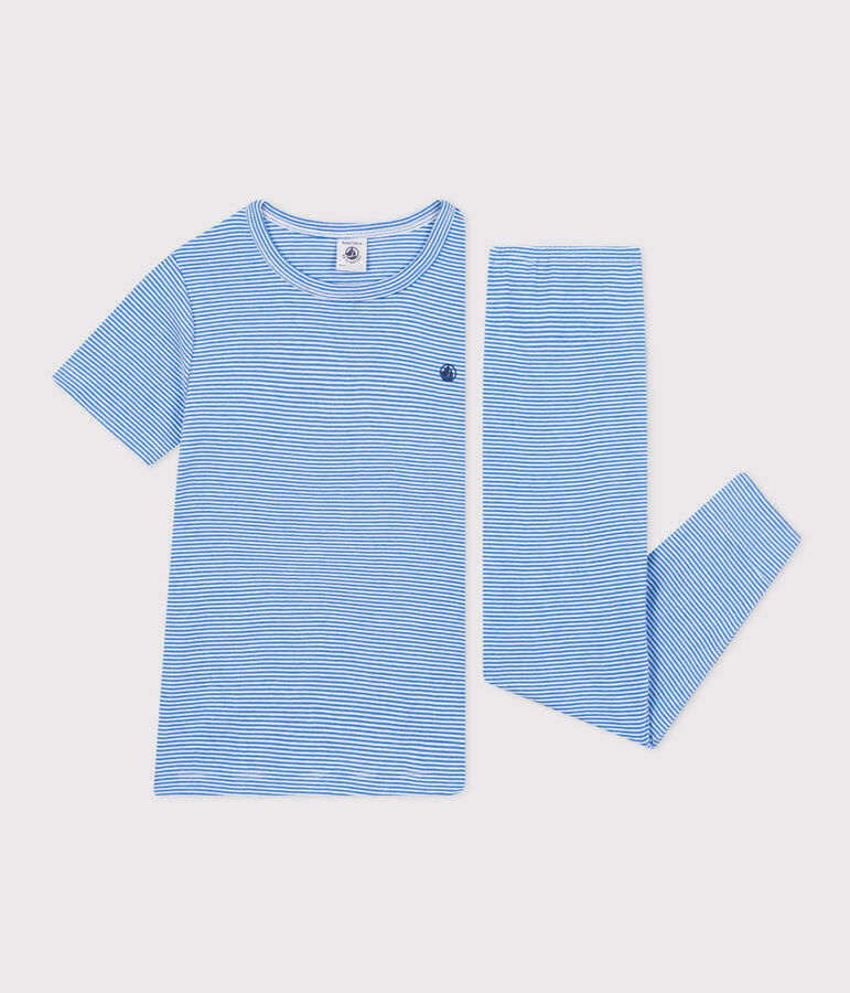 Kinderpyjama aus gestreifter Baumwolle blau/weiss