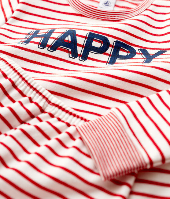 Kinderpyjama aus Molton mit roten Marinestreifen weiss MARSHMALLOW/rot TERKUIT