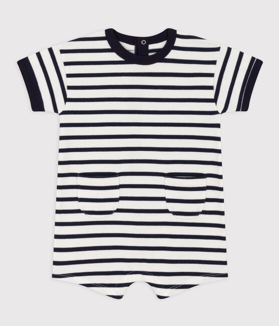 Baby-Kurzoverall aus dickem Jersey im Streifenlook weiss MARSHMALLOW/blau SMOKING