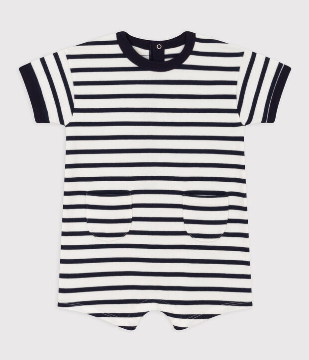Baby-Kurzoverall aus dickem Jersey im Streifenlook weiss/blau