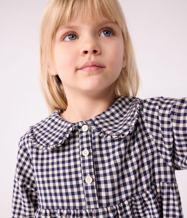 Lang&auml;rmeliges Kinder-Kleid aus Flanell mit Karomuster blau/naturfarben