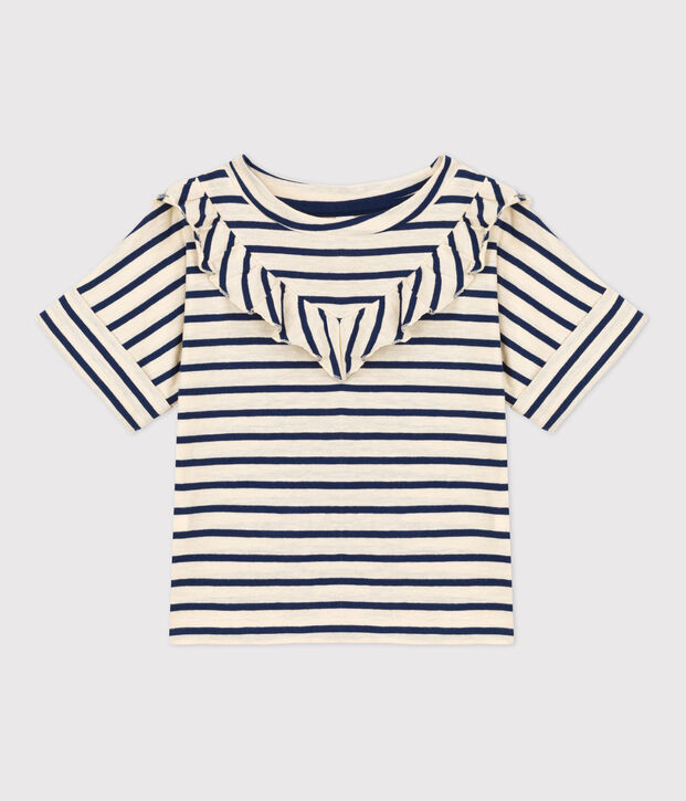 Kurz&auml;rmeliges Kinder-T-Shirt aus Baumwolle f&uuml;r M&auml;dchen naturfarben/blau