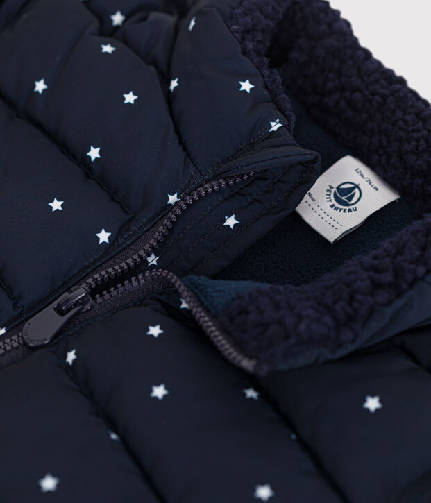 Gemusterte  Baby-Winterjacke mit einrollbarer Kapuze blau/weiss