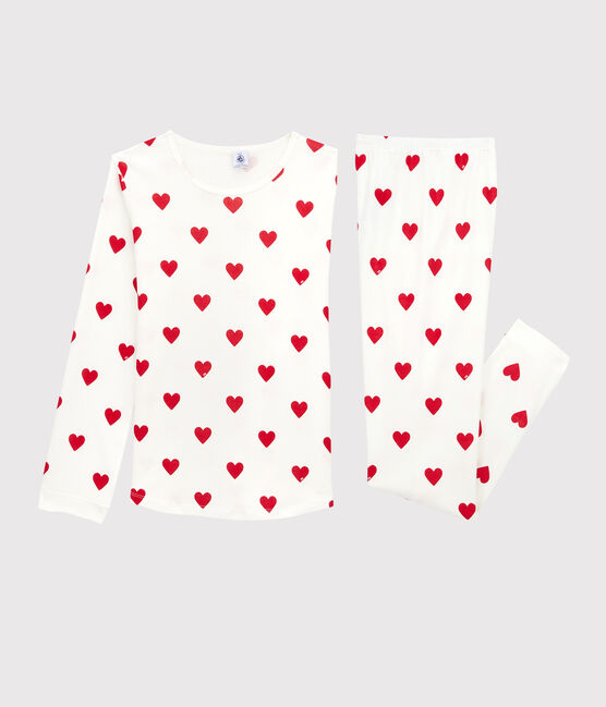 Kinderpyjama aus Rippstrick mit Herzchen für Mädchen weiss MARSHMALLOW/rot TERKUIT
