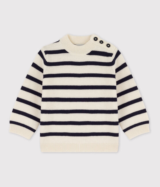 Babypullover mit Matrosenmuster aus Wolle und Baumwollmischung weiss MARSHMALLOW/blau SMOKING