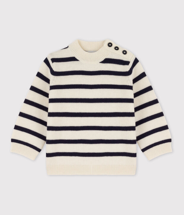 Babypullover mit Matrosenmuster aus Wolle und Baumwollmischung weiss/blau