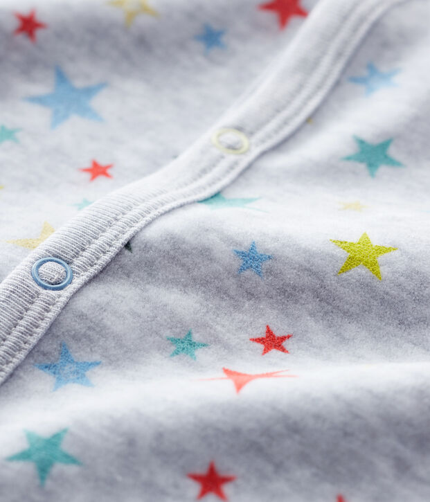 Baby-Strampler aus grau meliertem Velours mit Sternen-Motiv grau/vielfarbig
