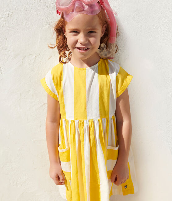 Kurzärmeliges Kinder-Kleid aus Baumwolle mit Streifen weiss MARSHMALLOW/ ORGE
