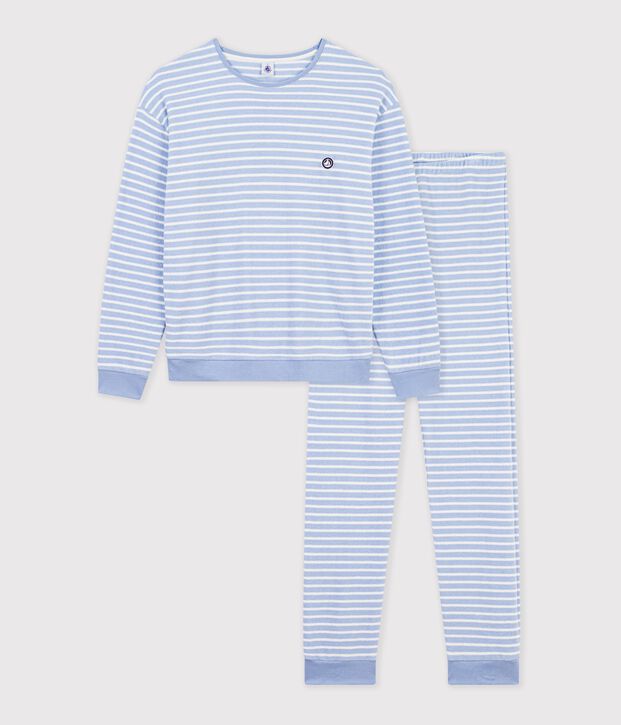 Damen-Pyjama aus Baumwoll-Frottee mit Streifen blau/naturfarben