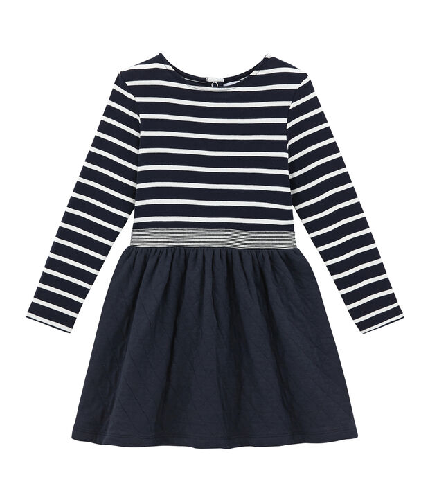 Gestreiftes M&auml;dchen Kleid im Materialmix blau/weiss