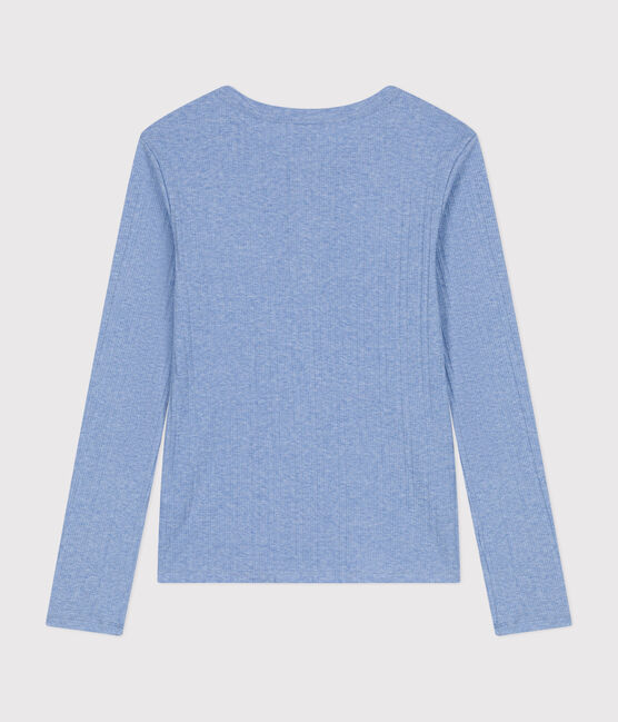 Langärmeliges Damen-T-Shirt mit Kragen mit Knopfleiste im einfarbigen Nadelzug-Strick blau SKY CHINE