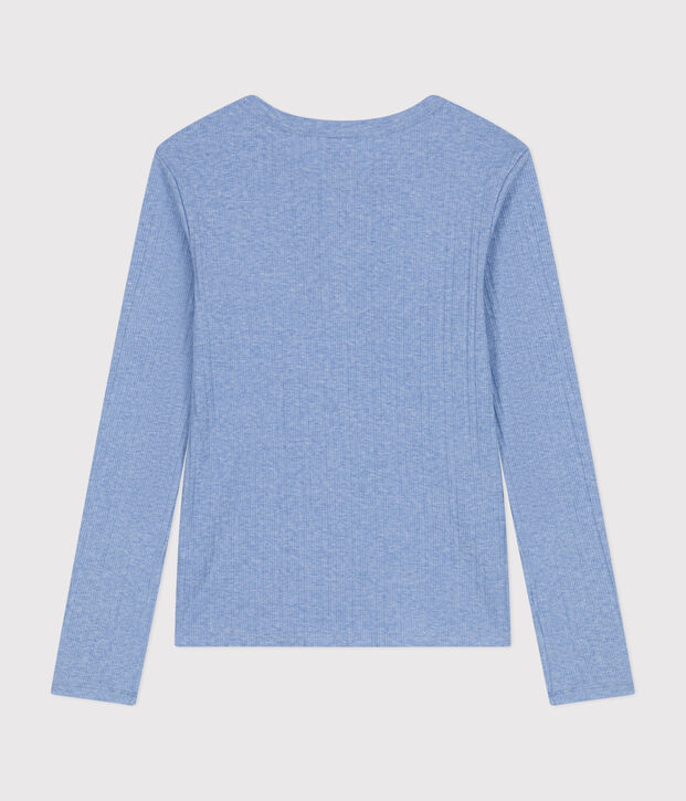 Lang&auml;rmeliges Damen-T-Shirt mit Kragen mit Knopfleiste im einfarbigen Nadelzug-Strick blau