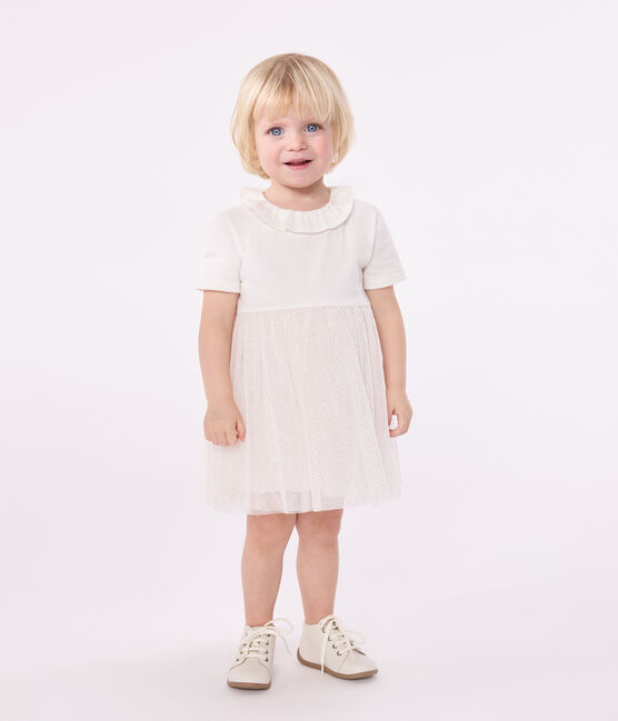Kurzärmeliges Baby-Kleid aus Baumwolle und Tüll mit Halskrause weiss MARSHMALLOW/rosa COPPER